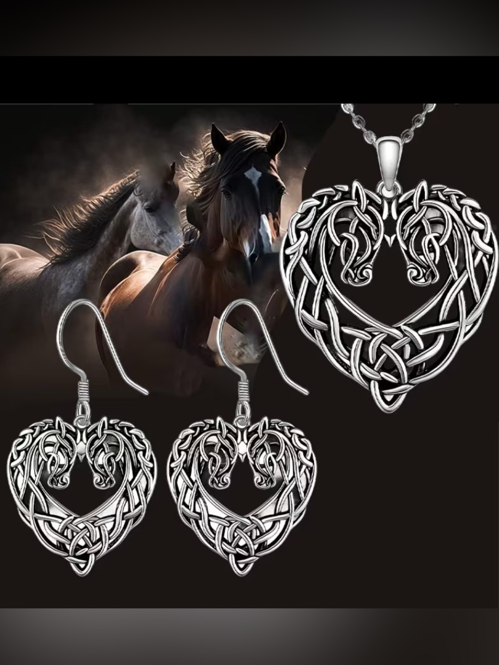 Celtic Horse Heart Pendant and Earrings Set